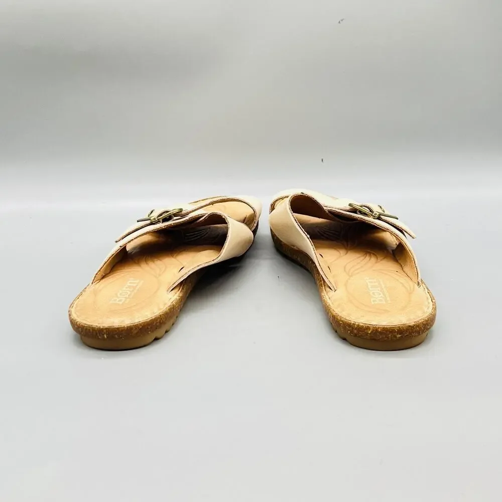 Born Sandals Womens 9 Beige Leather Crisscross Strap Slide Buckle Comfort Shoes